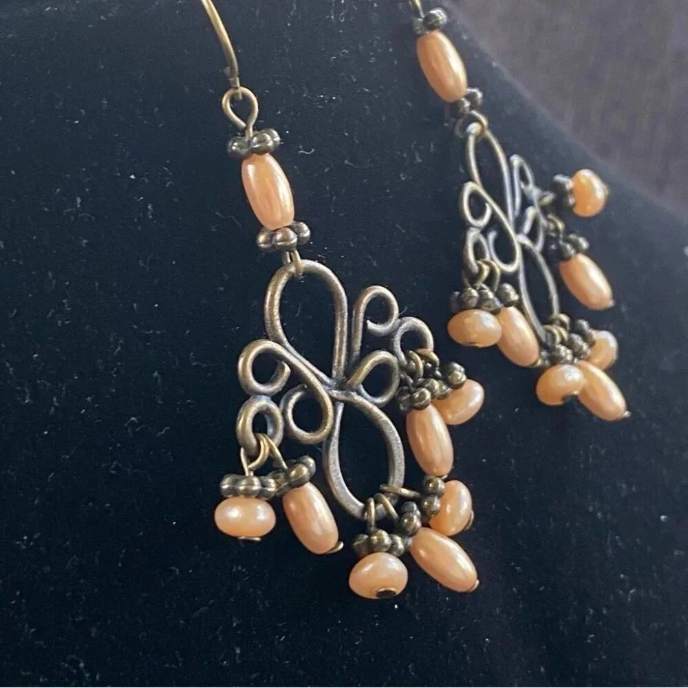Peach  Colored Ornate Antiqued Chandelier Looking Dangle Earrings - Picture 4 of 5